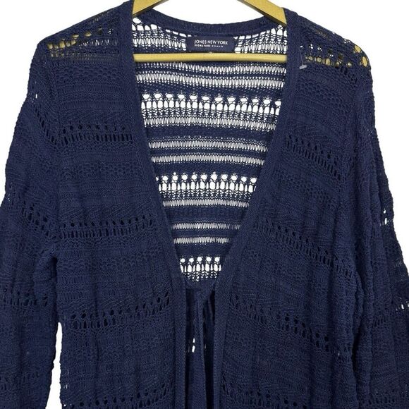 Jones New York 2X Cardigan Sweater Blue Open Knit Tie Front Y2K Fairy Grunge - Picture 2 of 5